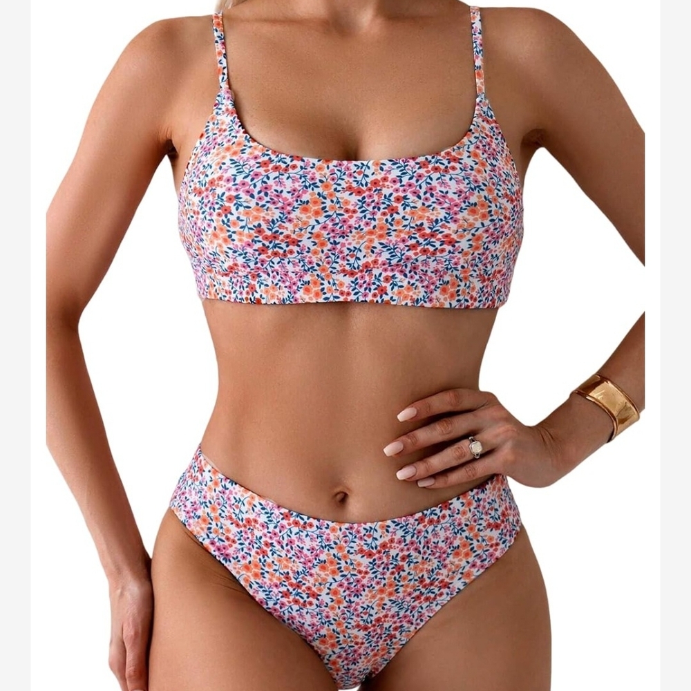 Floral High-Waisted Bikini Set Multicolor‎ Spaghetti Strap Bralette Size L